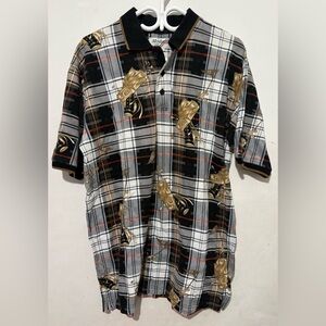 Plaid Short-Sleeve Button-Up Shirt with Gold Tiki Print - Black/Gray/White